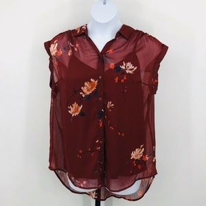 Burgundy Floral Button Down Layered Top Womens 1X